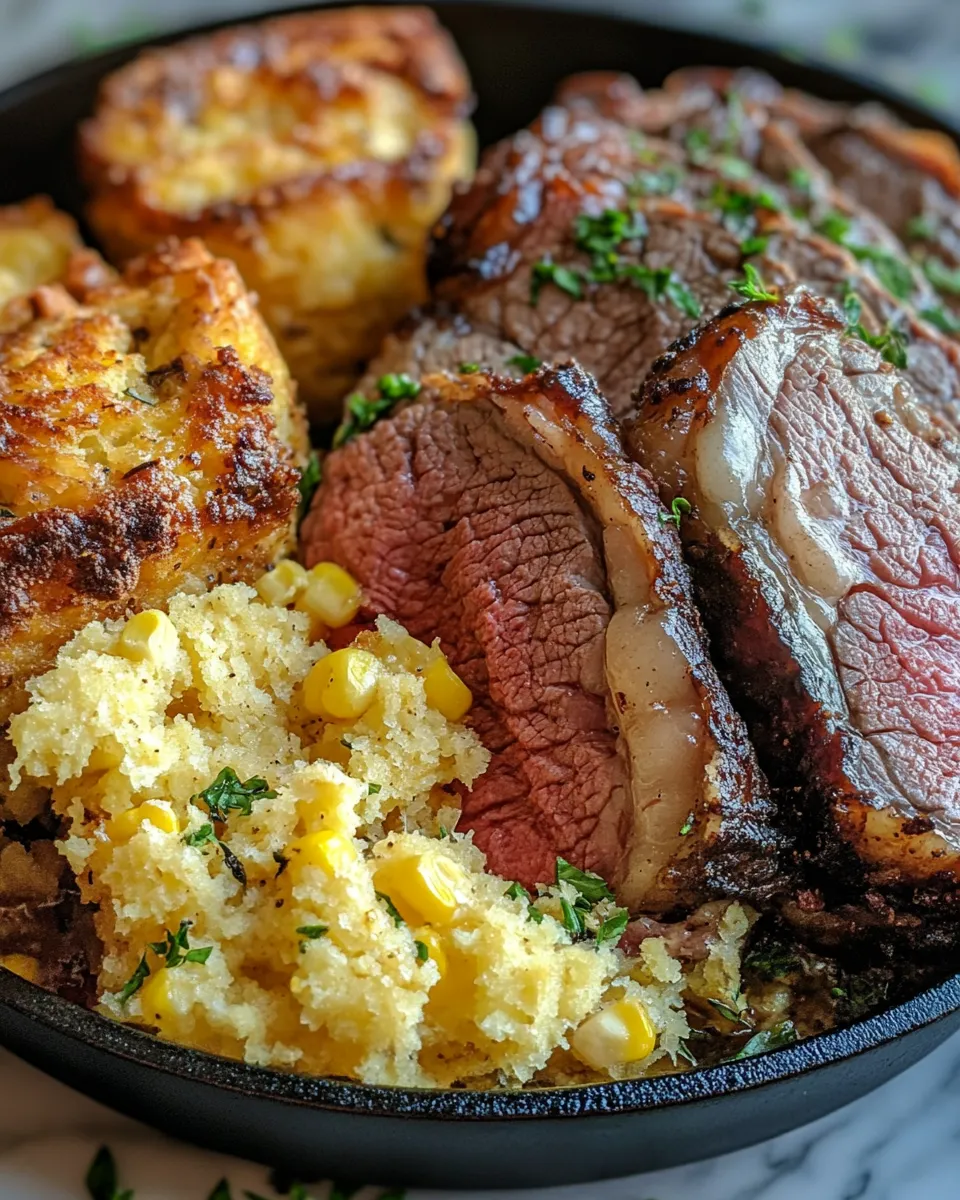 Juicy Prime Rib & Golden Cornbread Skillet