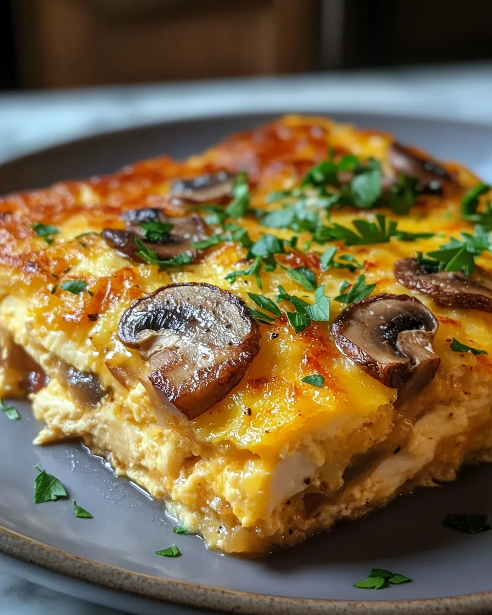 Easy & Delicious Chicken, Mushroom & Swiss Breakfast Bake