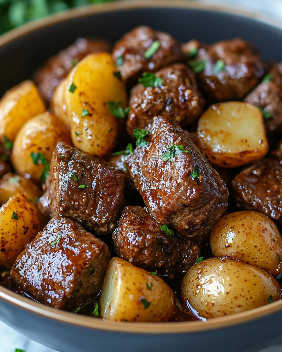 Melt-In-Your-Mouth Slow Cooker Garlic Butter Beef Bites & Potatoes