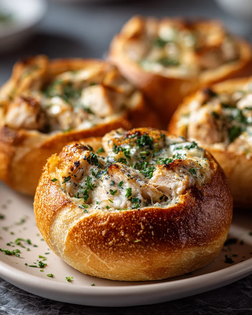 Classic Chicken Alfredo Garlic Bread Bowls – Rich, Creamy Goodness
