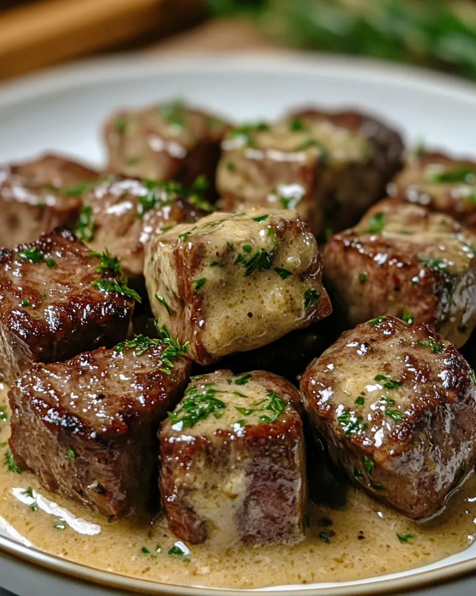 Juicy Tender Steak Bites in Garlic Butter with Creamy Parmesan Sauce