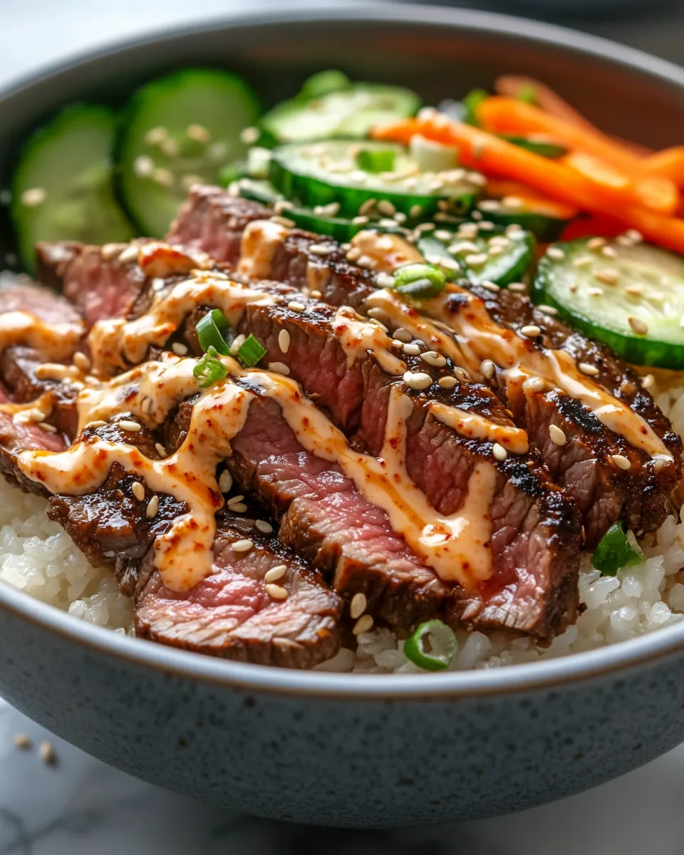 Savory Korean BBQ Steak Rice Bowls with Sweet & Spicy Cream Sauce